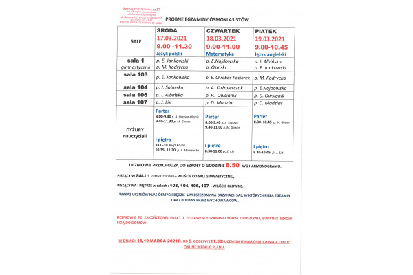 Plan próbnego egzaminu ósmoklasisty 17-18-19.03.2021